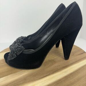 GIANNI BINI Black Velvet Peep Toe Heels Shoes Rhinestone Bow Women's size 10